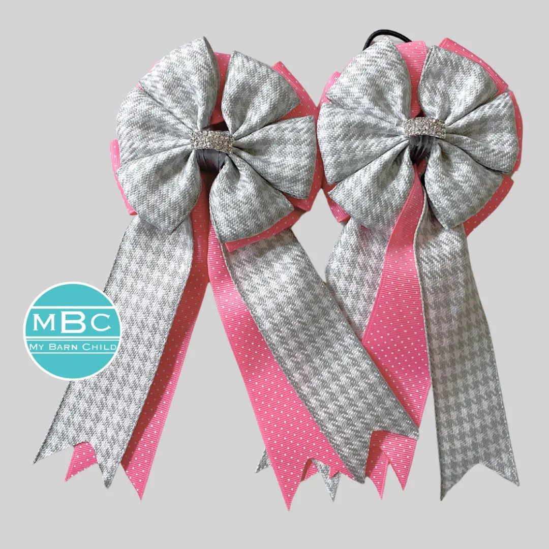 * Show Bows: Gray Houndstooth on Bubblegum Swiss Dot