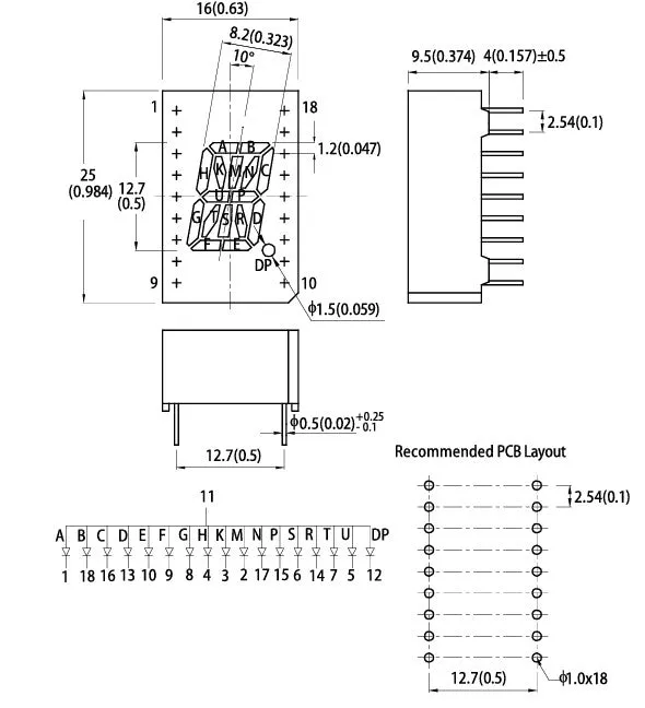 0.8 inch (20mm) 16 Segment Single Digit Alphanumeric Display, Red, Common Cathode