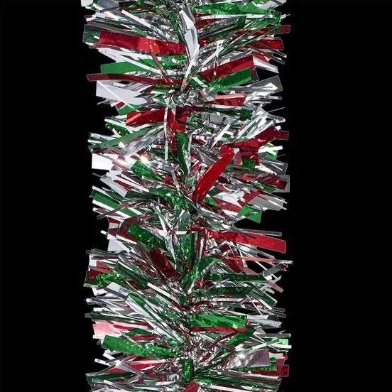 10' Deluxe Laser Red, Green and Metallic Silver Tinsel Christmas Garland