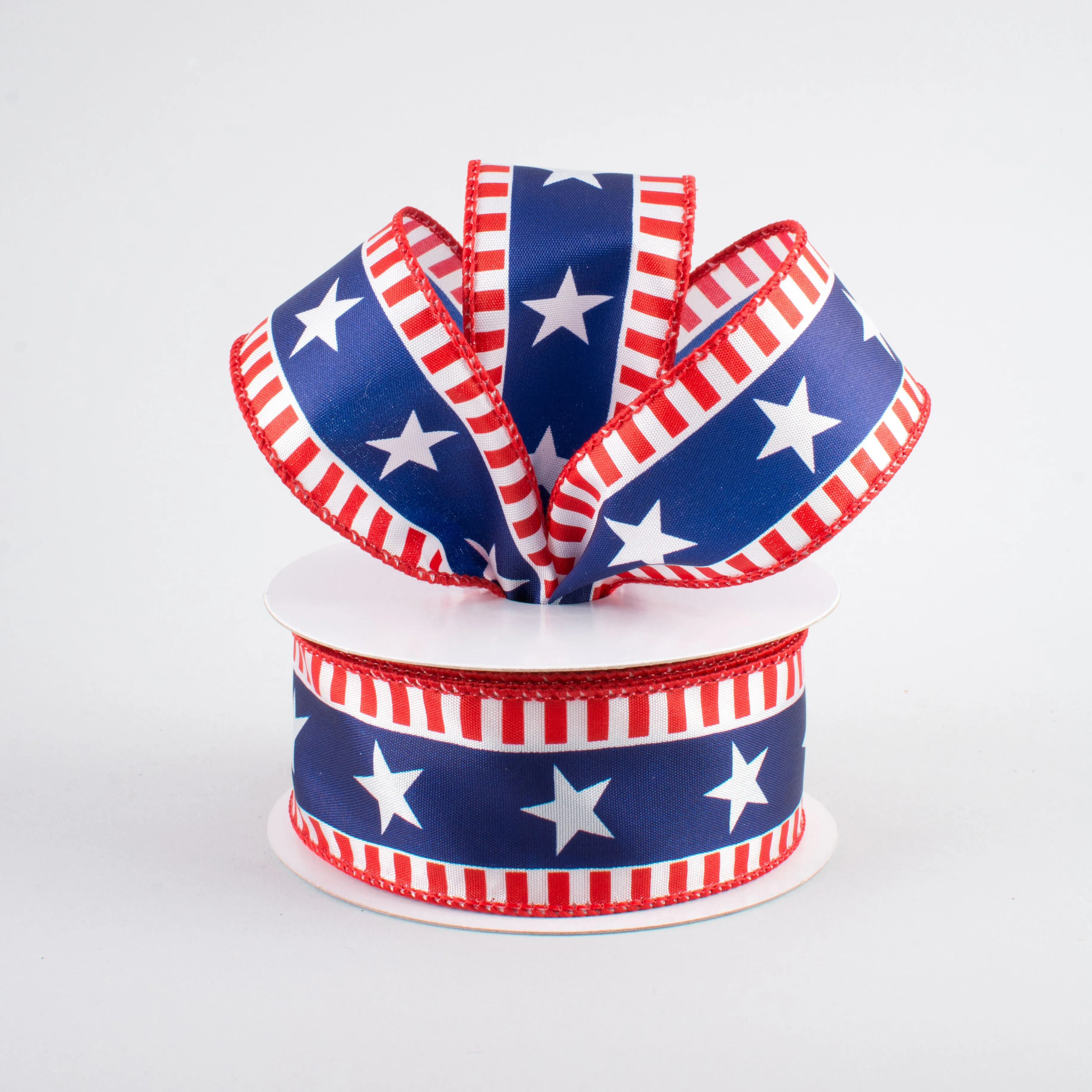 1.5" Bold Star & Stripes Ribbon: White Satin (10 Yards)