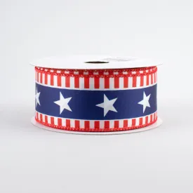 1.5" Bold Star & Stripes Ribbon: White Satin (10 Yards)