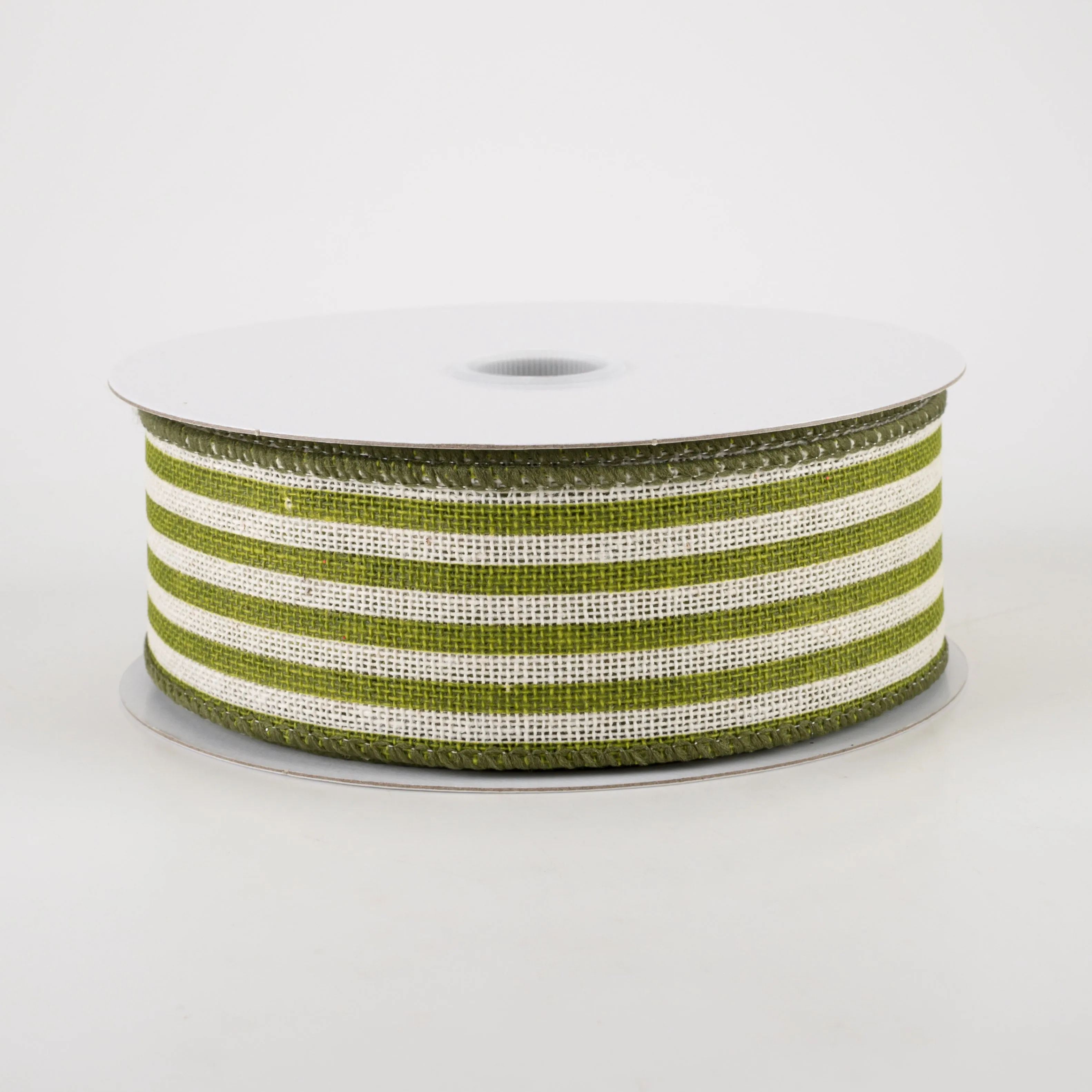 1.5" Canvas Cabana Stripes Ribbon: Ivory & Kiwi Green (10 Yards)
