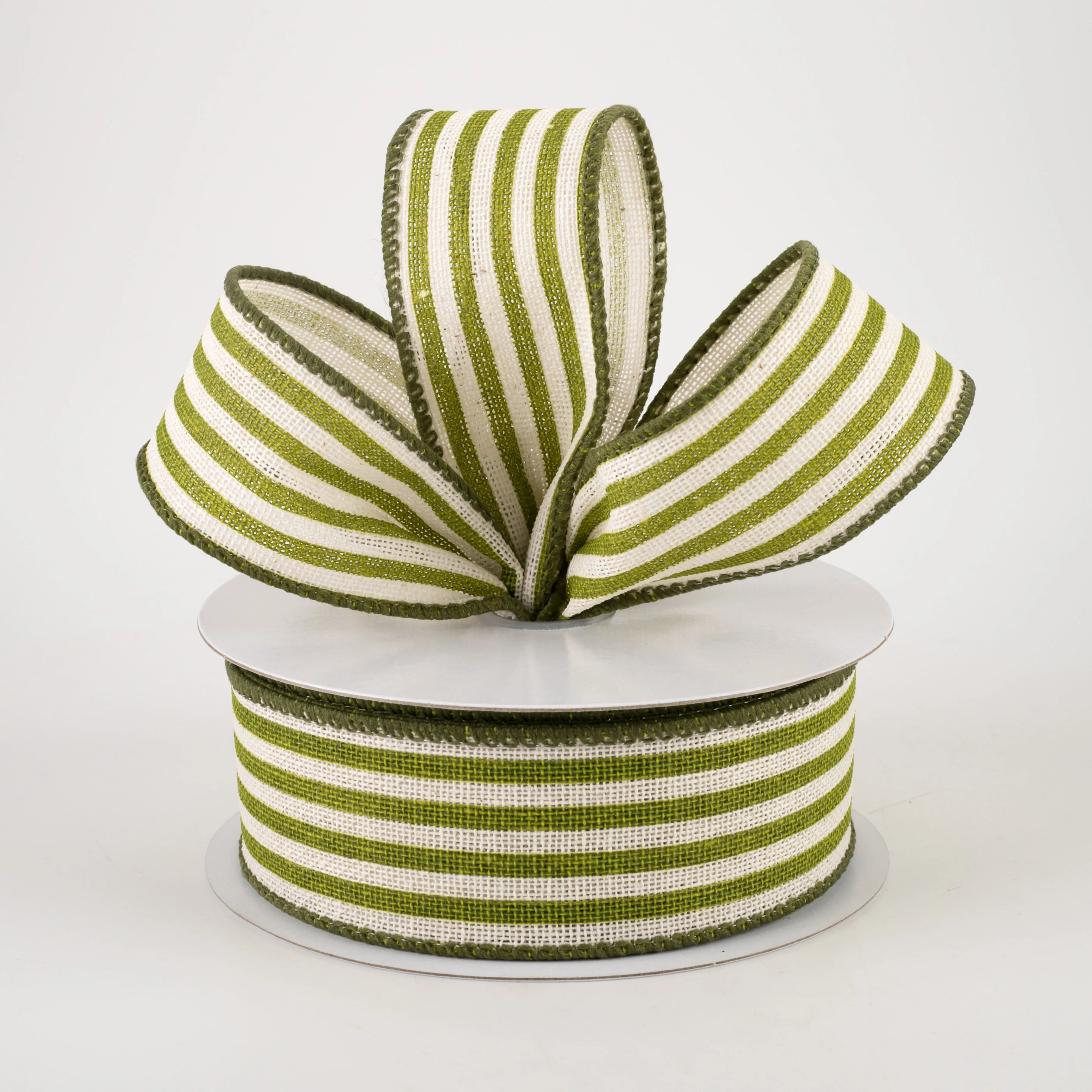 1.5" Canvas Cabana Stripes Ribbon: Ivory & Kiwi Green (10 Yards)