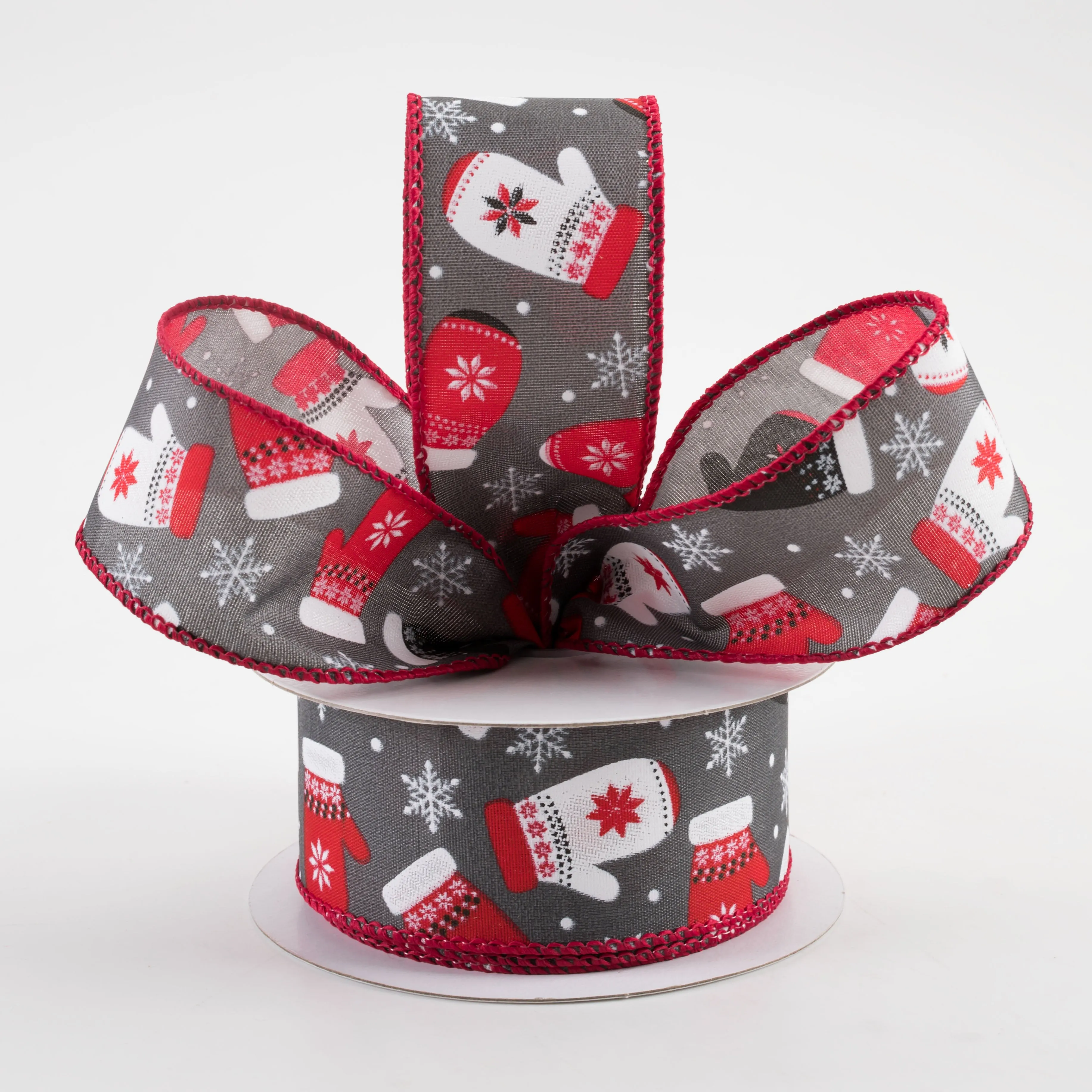 1.5" Christmas Mittens Snowflakes Ribbon: Gray (10 Yards)