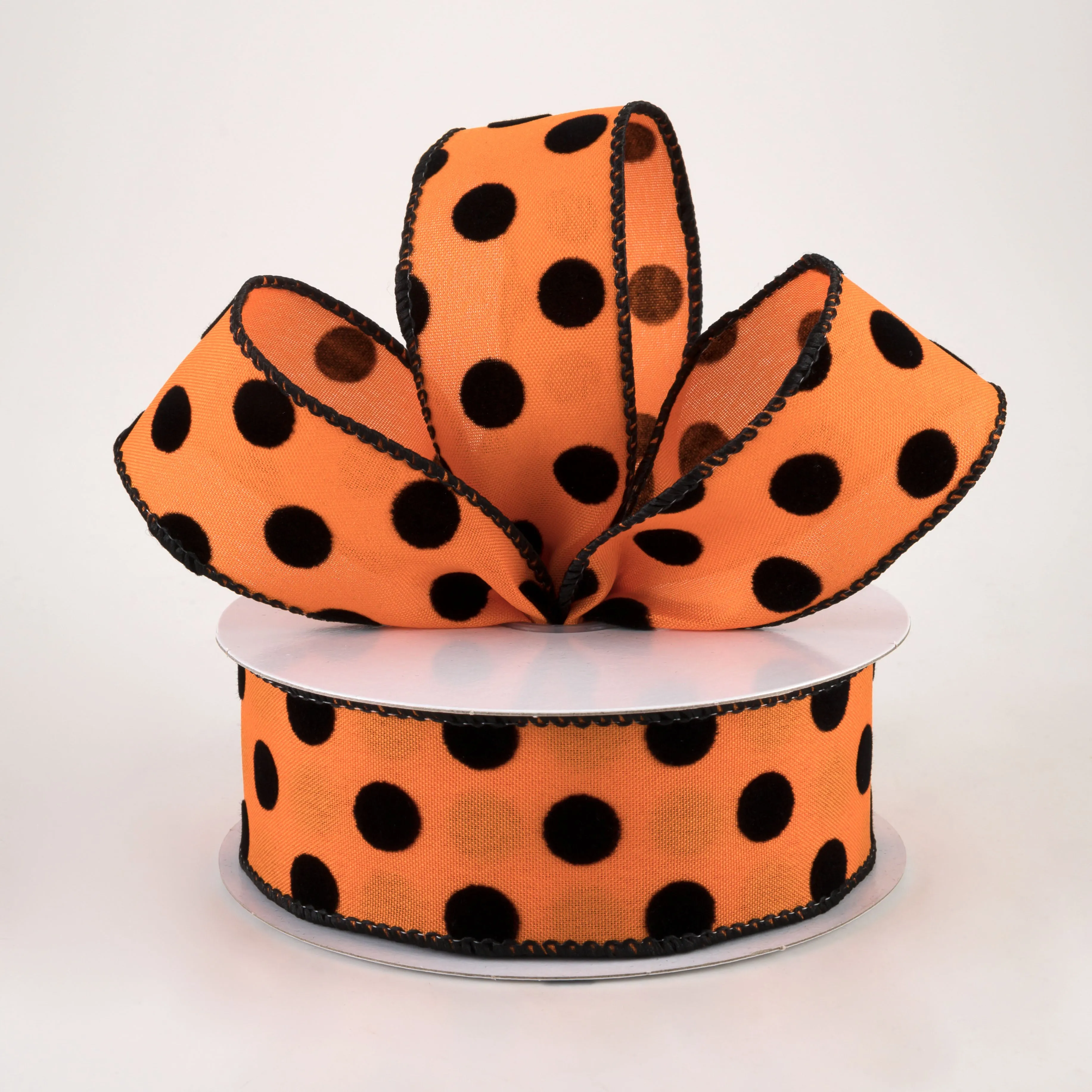 1.5" Flocked Dots Ribbon: Orange & Black (10 Yards)