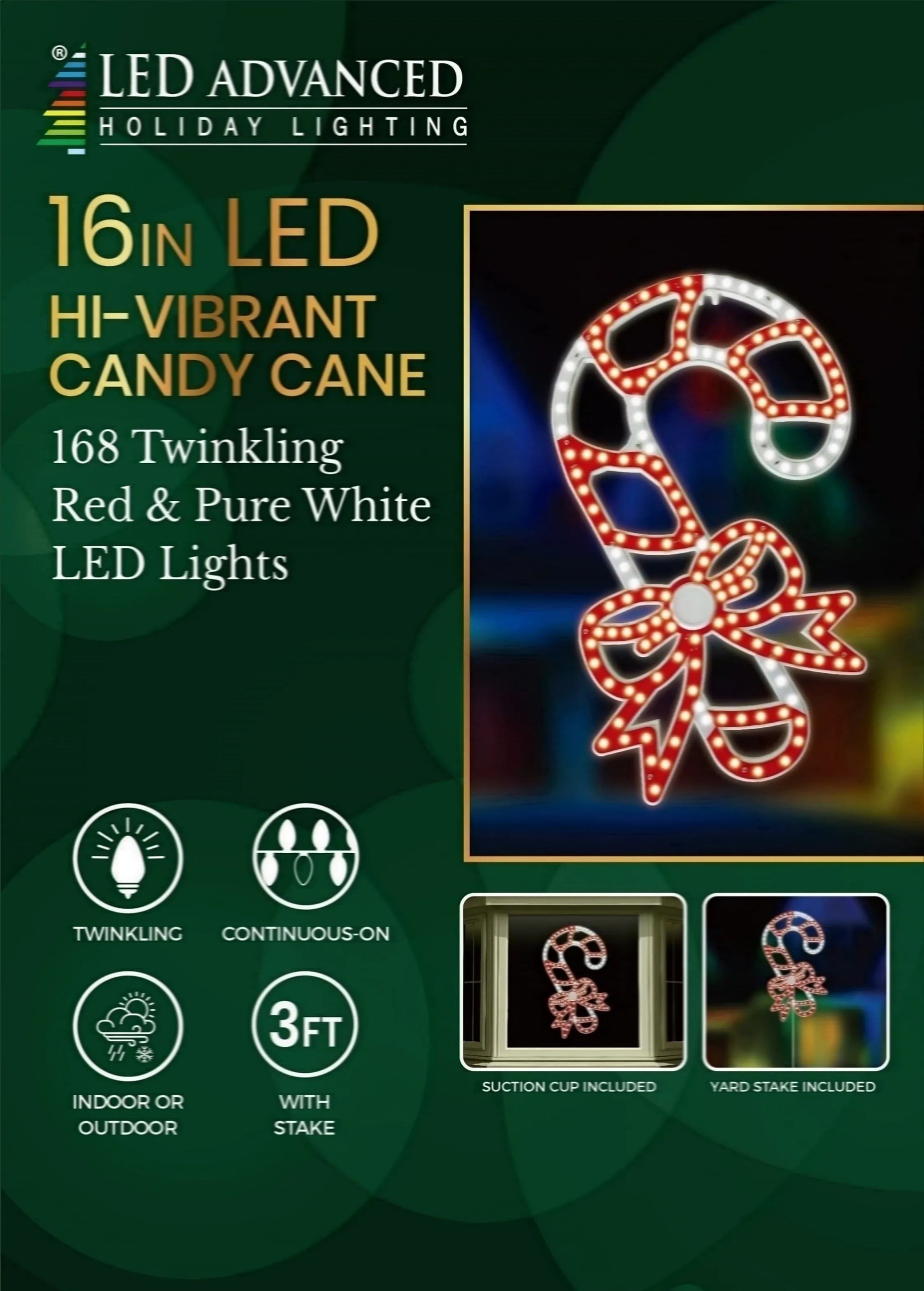 16" Hi-Vibrant LED Candy Cane with Bow Christmas Decoration