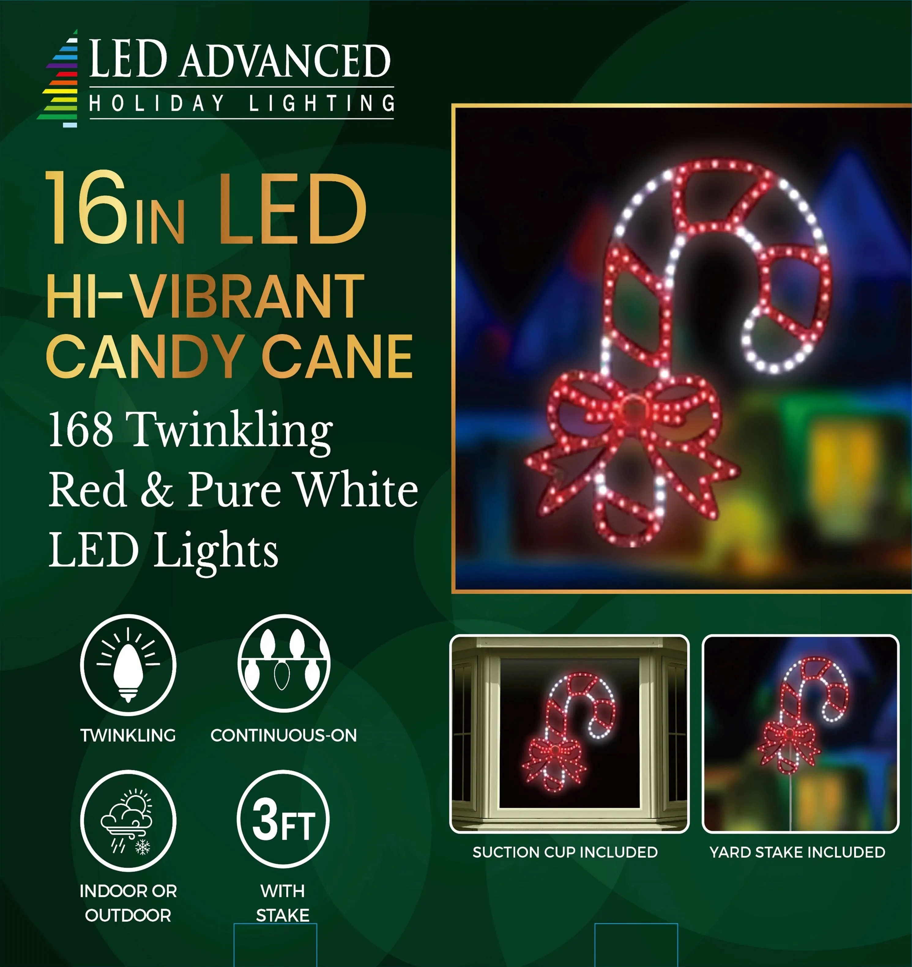 16" Hi-Vibrant LED Candy Cane with Bow Christmas Decoration