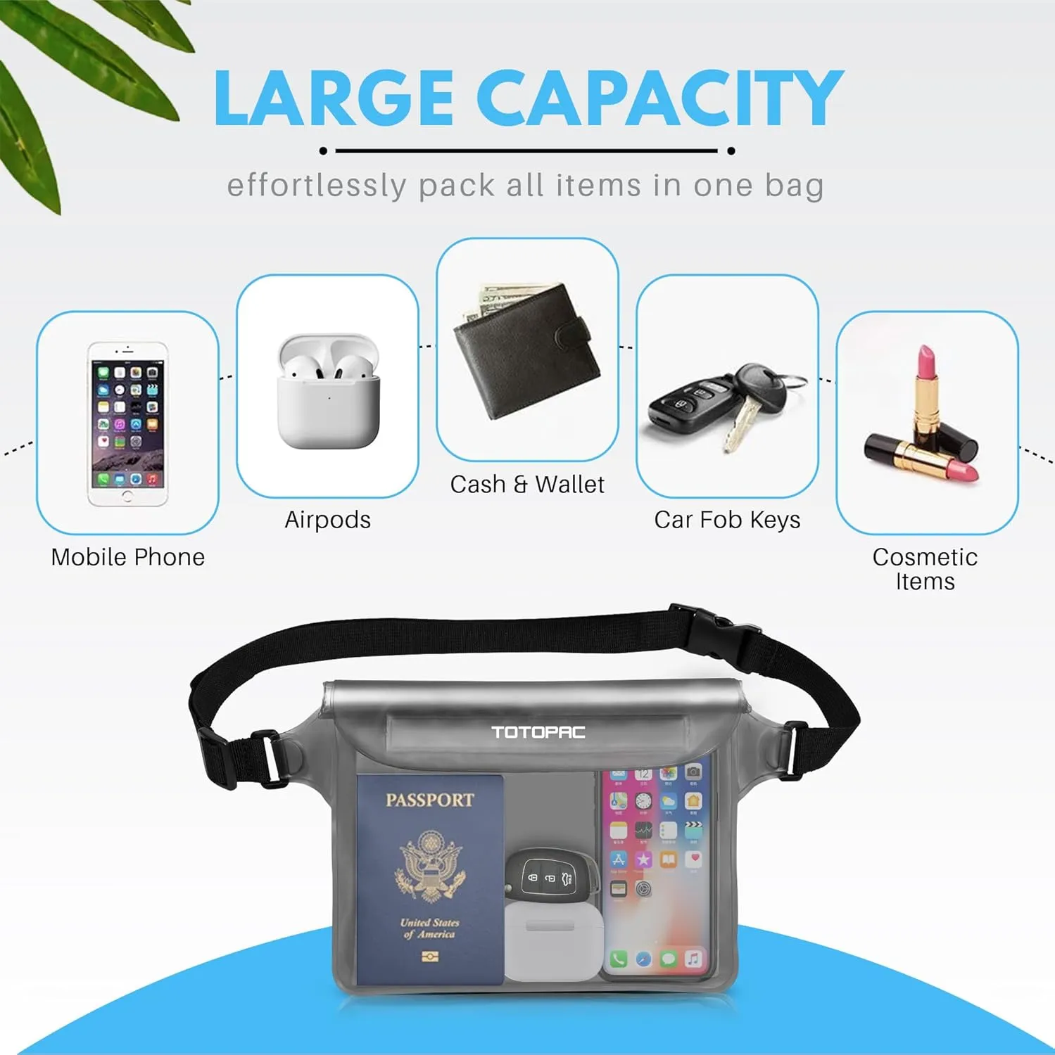 2-Pack Waterproof Fanny Pack, Phone Pouch with Waist Strap, 9x6.7 Inch Dry Bag for Phone, Cash, and Valuables  for Swimming, Kayaking, Boating, Snorkeling, and Water Sports (2, Grey   Blue)