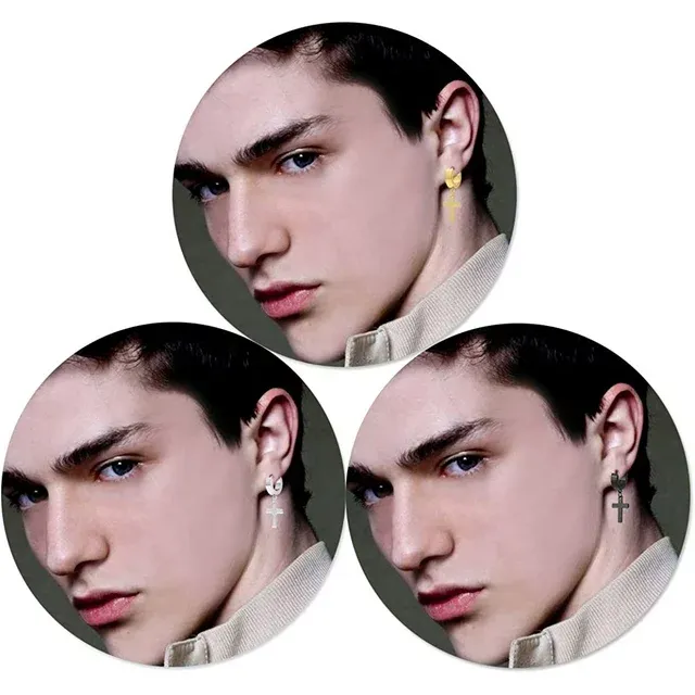 3 Pairs of Cross hoop Earrings for Men and Women Silver Gold Black