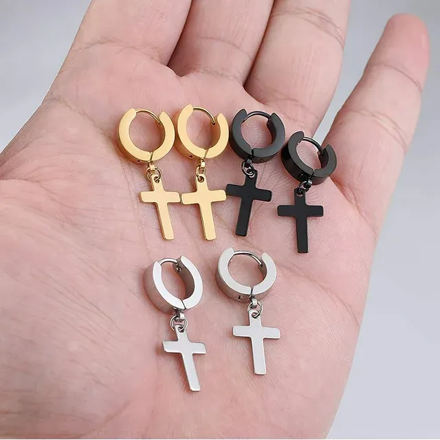 3 Pairs of Cross hoop Earrings for Men and Women Silver Gold Black