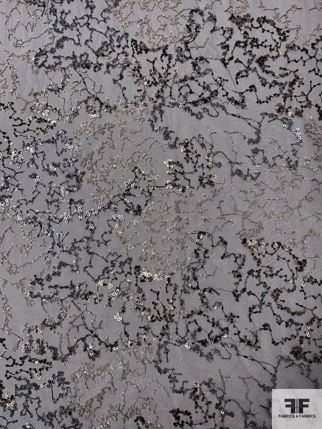 Abstract Design Fine Tulle with Sequins and Embroidery - Golden Beige / Grey / Black
