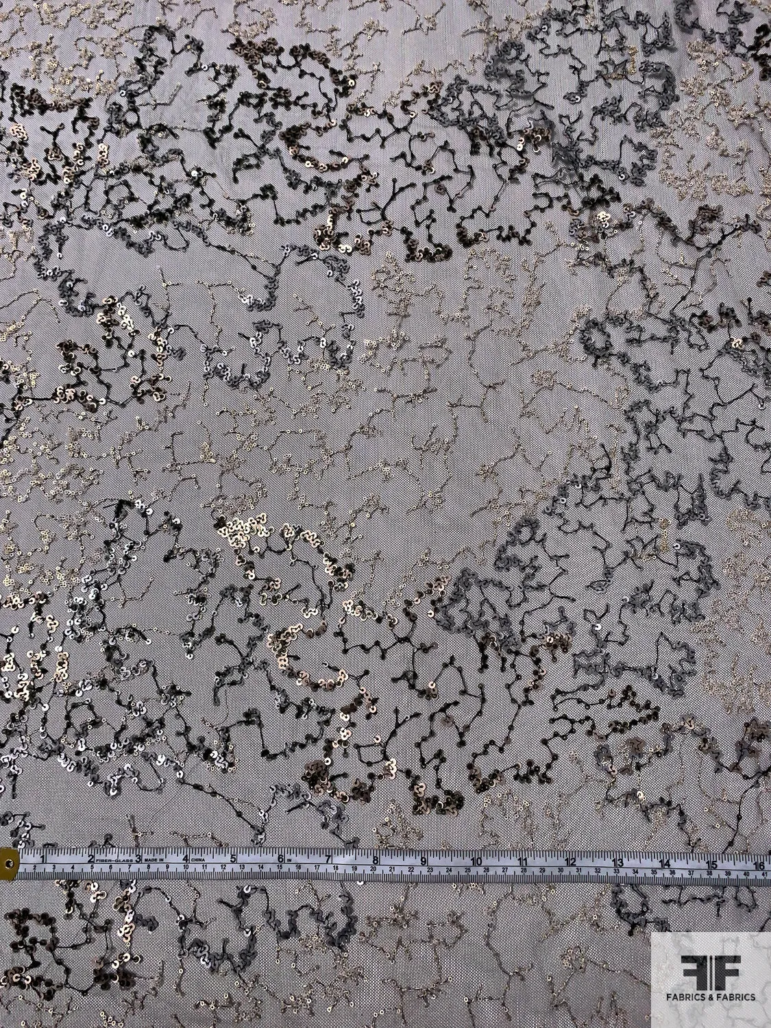 Abstract Design Fine Tulle with Sequins and Embroidery - Golden Beige / Grey / Black
