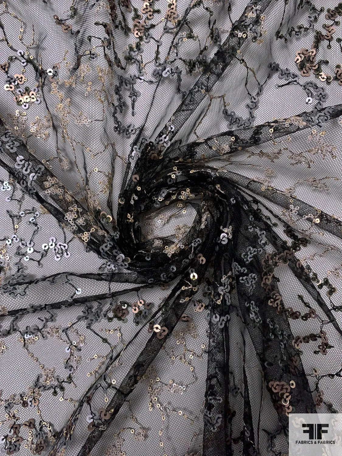 Abstract Design Fine Tulle with Sequins and Embroidery - Golden Beige / Grey / Black