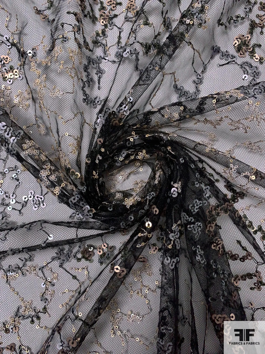 Abstract Design Fine Tulle with Sequins and Embroidery - Golden Beige / Grey / Black