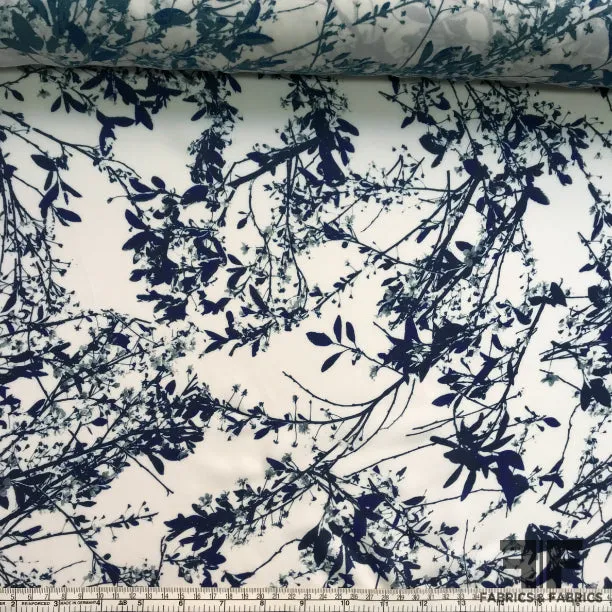 Abstract Floral Printed Silk Georgette - Blue/White