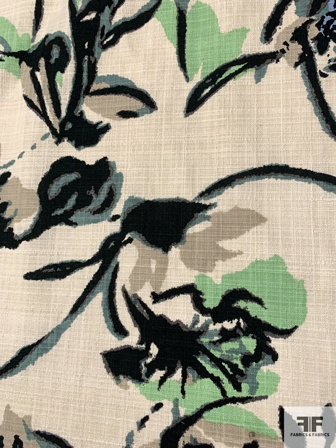 Abstract Painterly Floral Textured Linen-Weave Cotton - Cream / Black / Sky Blue / Mint / Berry / Black