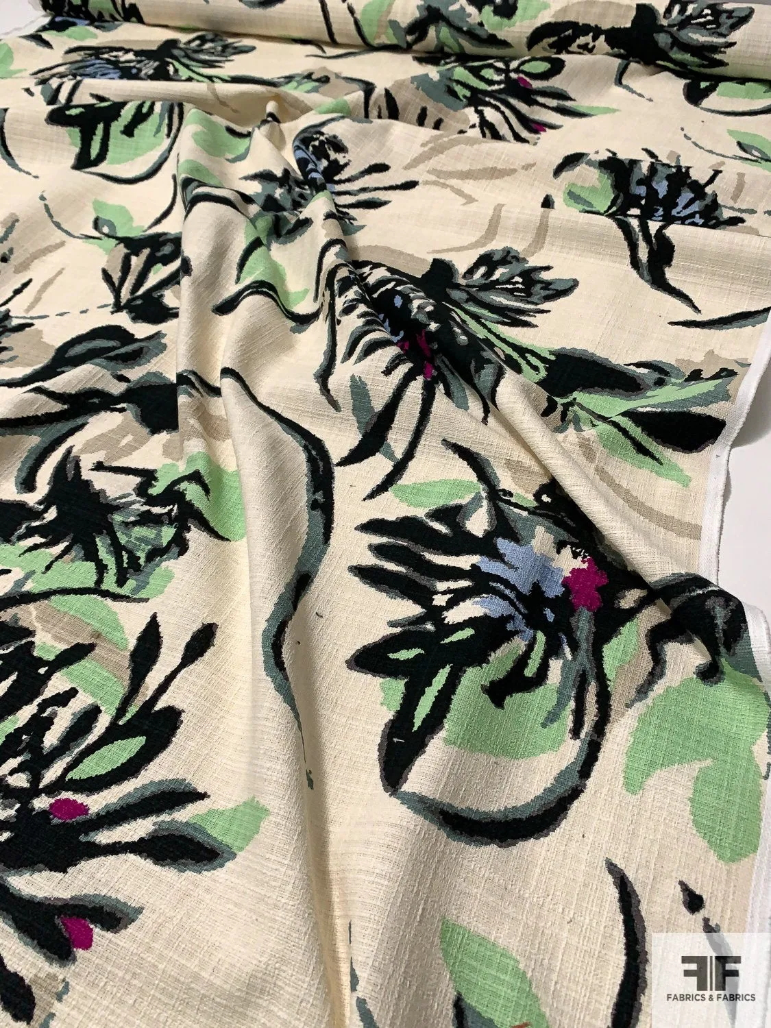 Abstract Painterly Floral Textured Linen-Weave Cotton - Cream / Black / Sky Blue / Mint / Berry / Black