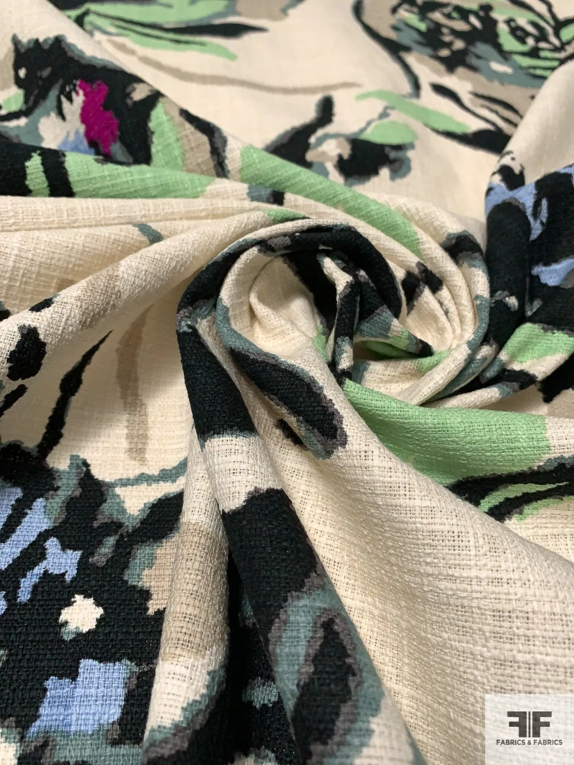 Abstract Painterly Floral Textured Linen-Weave Cotton - Cream / Black / Sky Blue / Mint / Berry / Black