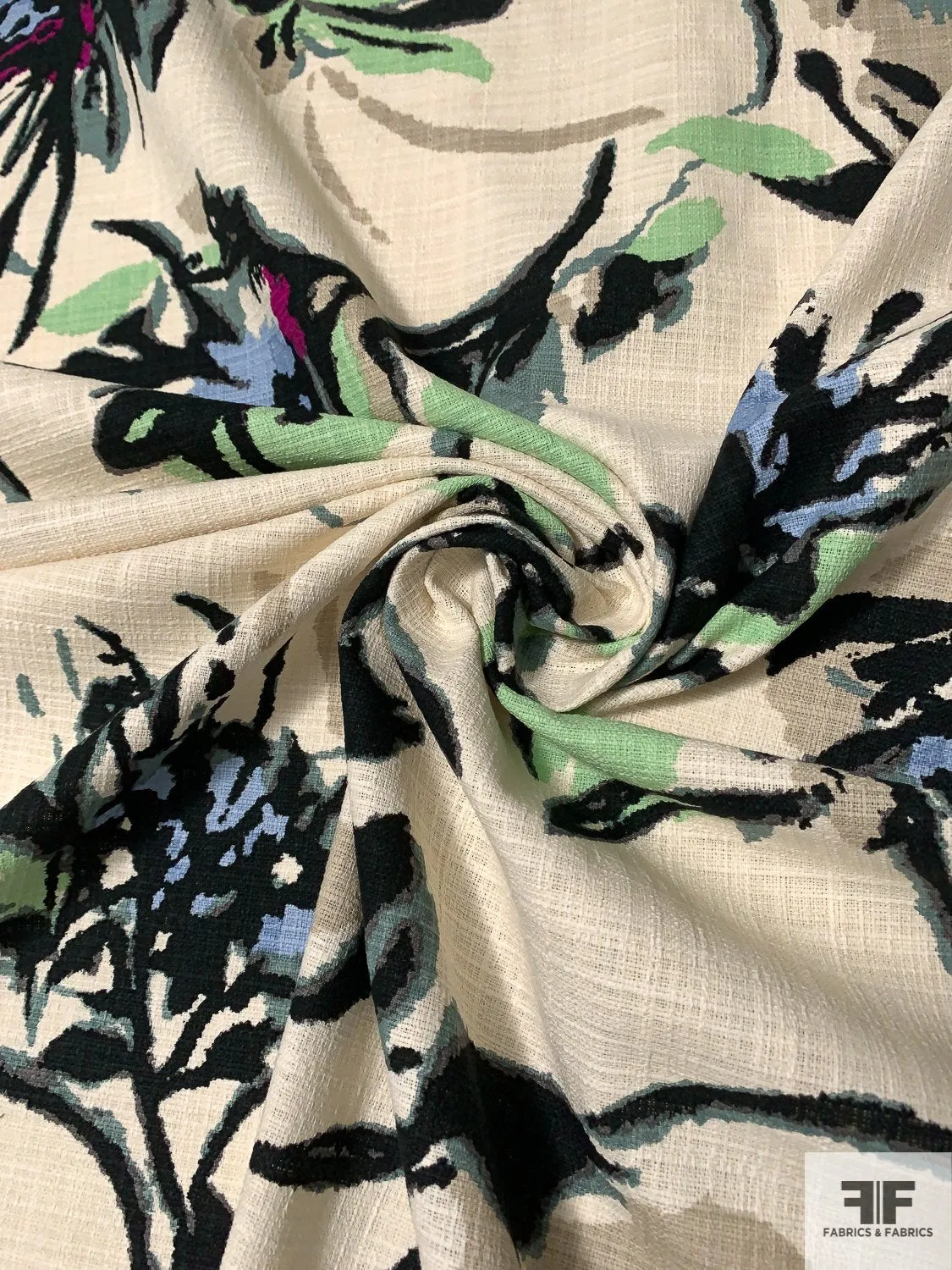 Abstract Painterly Floral Textured Linen-Weave Cotton - Cream / Black / Sky Blue / Mint / Berry / Black
