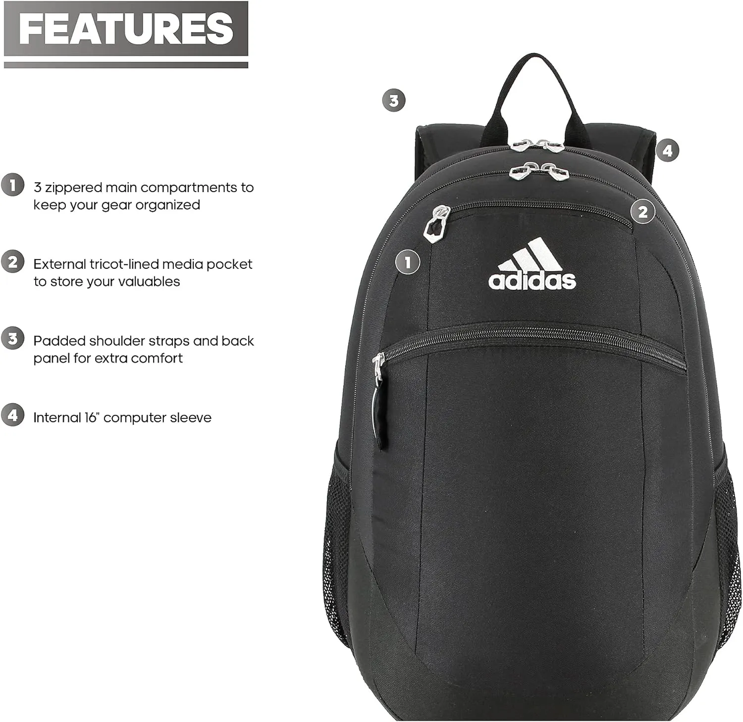 adidas Striker Team Sports Backpack Durable Athletic Gym Laptop Bag, Black/White, One Size