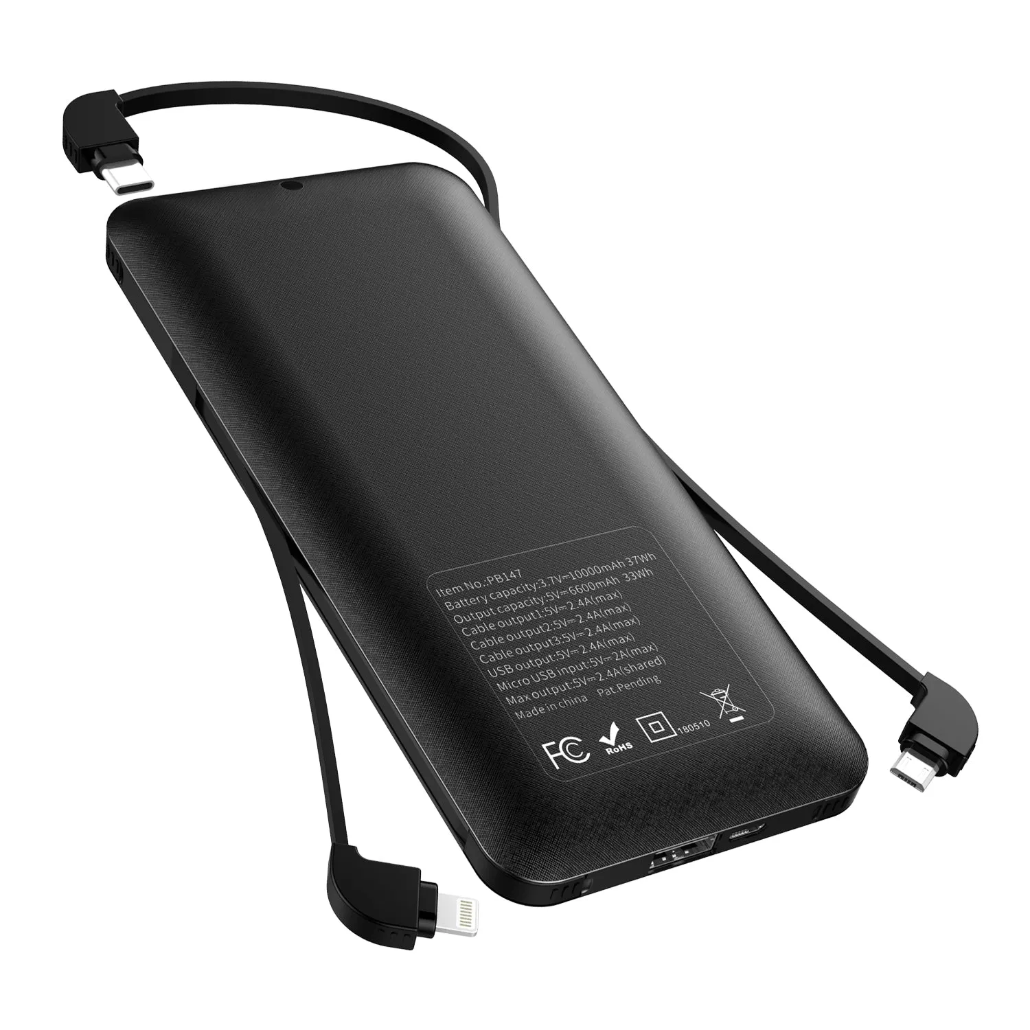 All in One Super Slim best power bank External Battery Pack Charger 10000mah Built-in Micro Type-c iphone cable Three cable high capacity NO AC