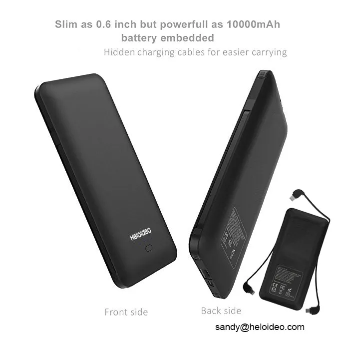 All in One Super Slim best power bank External Battery Pack Charger 10000mah Built-in Micro Type-c iphone cable Three cable high capacity NO AC