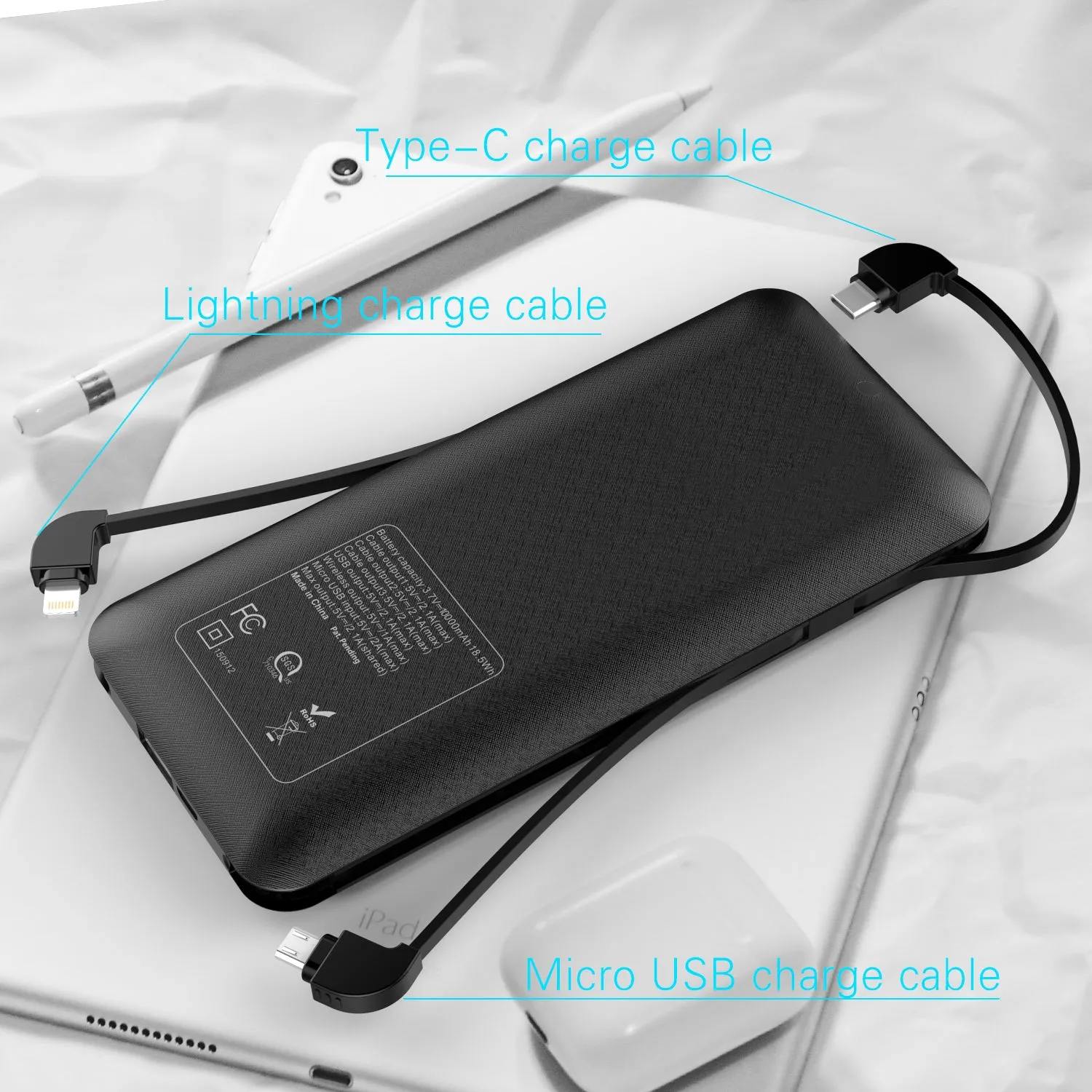 All in One Super Slim best power bank External Battery Pack Charger 10000mah Built-in Micro Type-c iphone cable Three cable high capacity NO AC