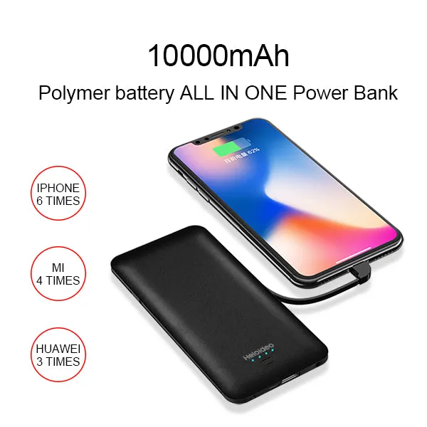 All in One Super Slim best power bank External Battery Pack Charger 10000mah Built-in Micro Type-c iphone cable Three cable high capacity NO AC