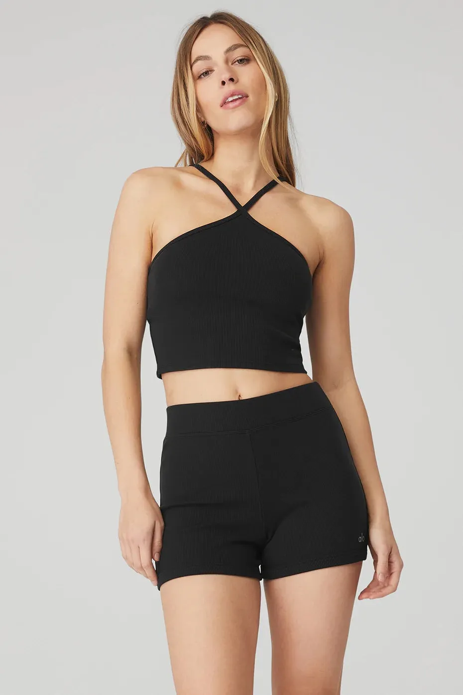 Alo Yoga Women's Goddess Ribbed Cross Crop Halter Bra Top - Black