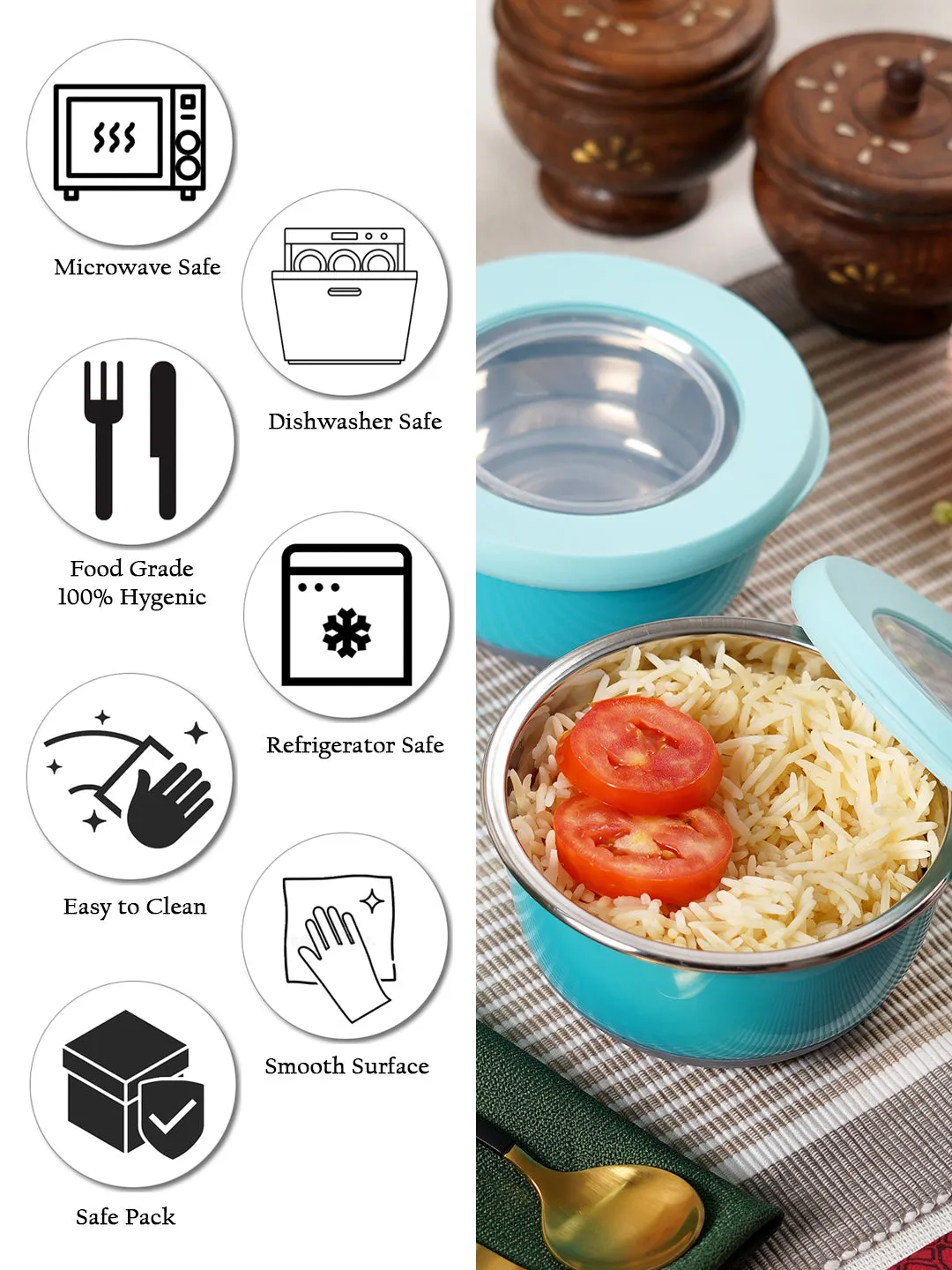 Andres Steel Bowl Lunch With Airtight Lid | 400ml | Set of 2