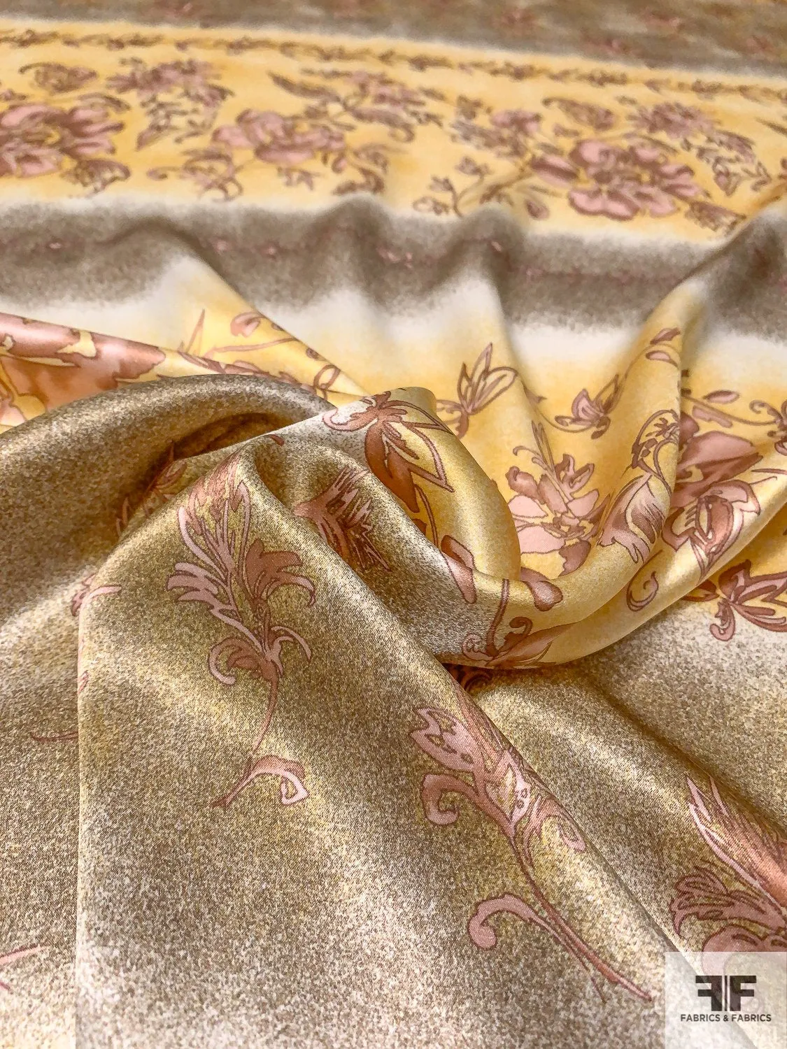 Antique Floral Linear Printed Silk Charmeuse - Yellow / Mauve / Brushed Gold