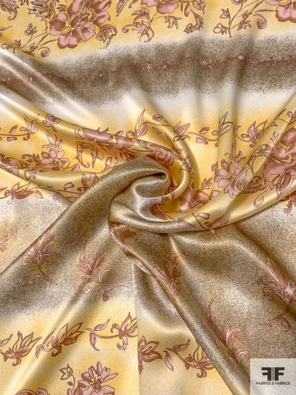 Antique Floral Linear Printed Silk Charmeuse - Yellow / Mauve / Brushed Gold