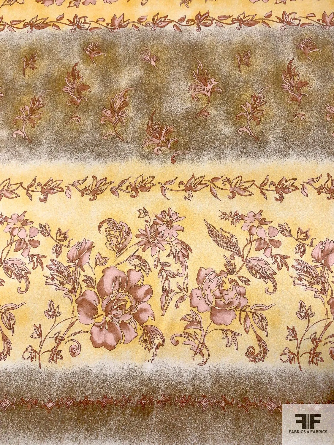 Antique Floral Linear Printed Silk Charmeuse - Yellow / Mauve / Brushed Gold