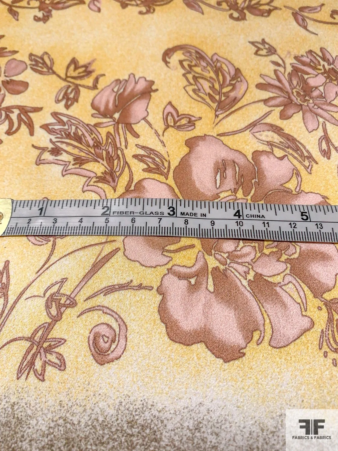 Antique Floral Linear Printed Silk Charmeuse - Yellow / Mauve / Brushed Gold