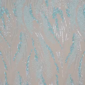 Aqua Sequined and Beaded Abstract Embroidered Tulle Fabric