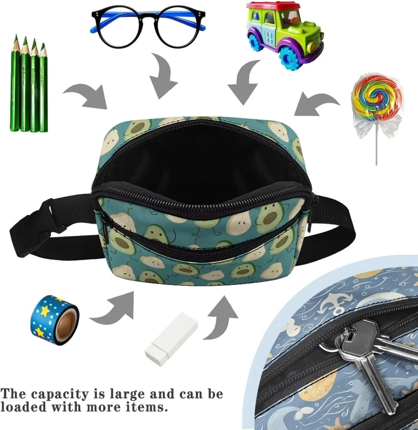 Avocado Pattern Children's Fanny Pack Waist Bag Toddler with Zippered 2 Pockets Adjustable Strap Small Belt Bags Crossbody Kids Boys Sports Running Traveling Hiking School