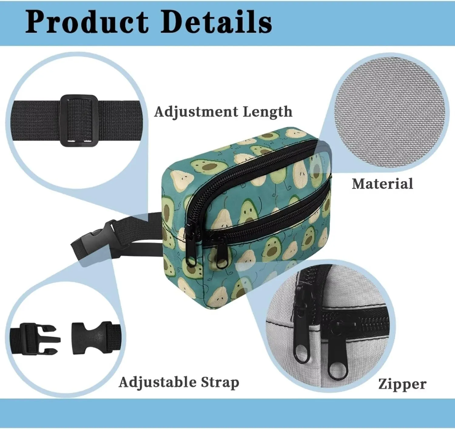 Avocado Pattern Children's Fanny Pack Waist Bag Toddler with Zippered 2 Pockets Adjustable Strap Small Belt Bags Crossbody Kids Boys Sports Running Traveling Hiking School