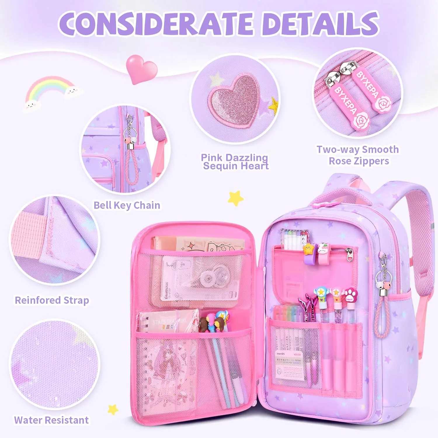 Backpacks for Girls School Cute Kids Backpack Bookbags with Insulated Lunch Box Set for School Elementary Girl (Star Purple)