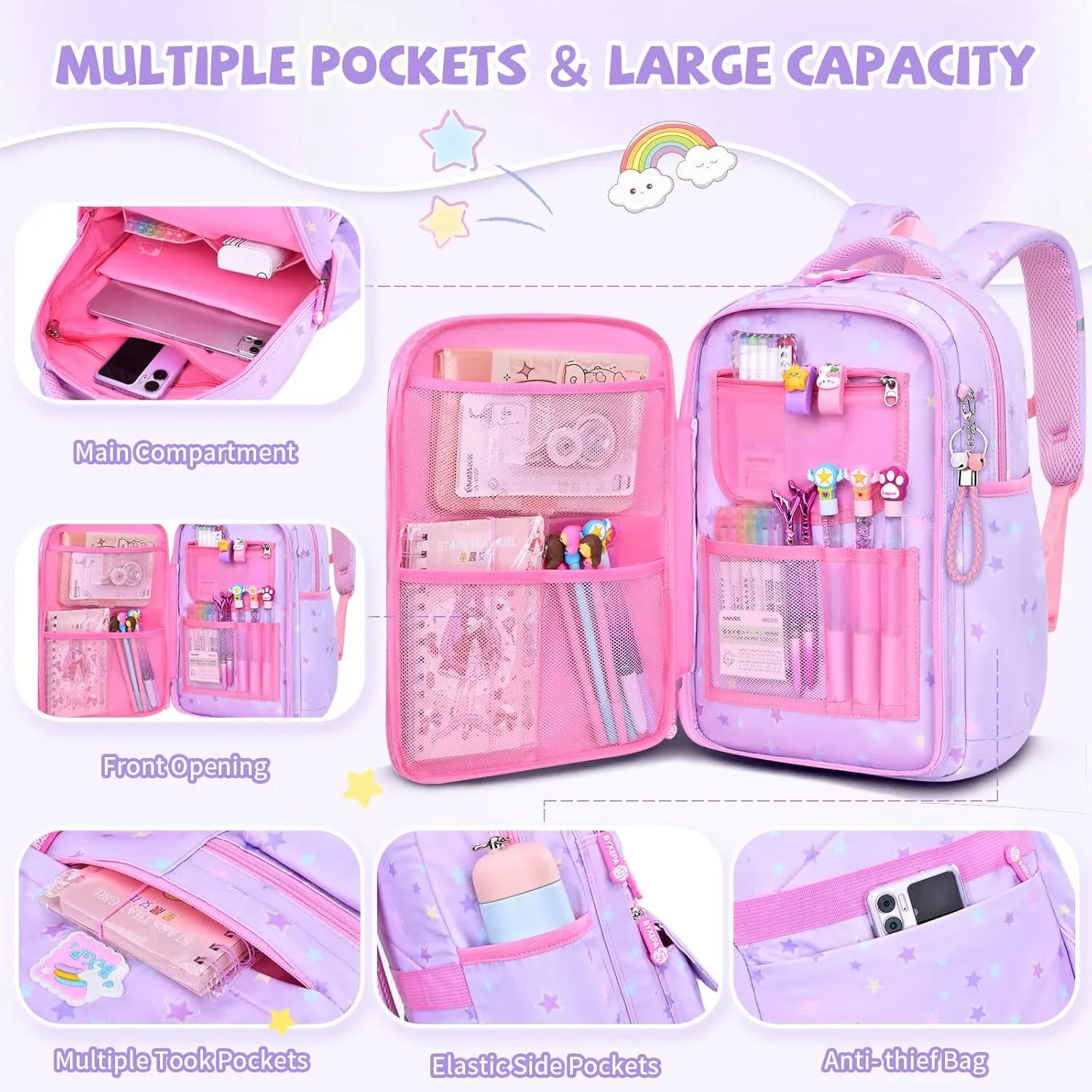 Backpacks for Girls School Cute Kids Backpack Bookbags with Insulated Lunch Box Set for School Elementary Girl (Star Purple)