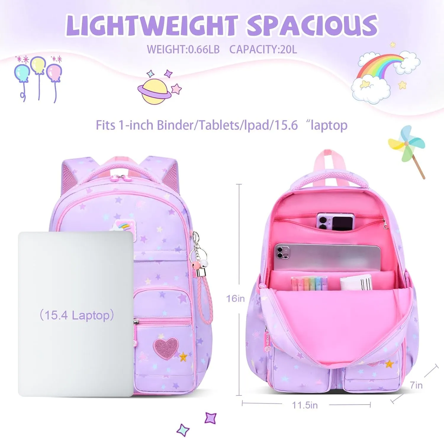Backpacks for Girls School Cute Kids Backpack Bookbags with Insulated Lunch Box Set for School Elementary Girl (Star Purple)