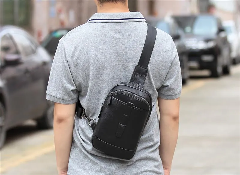 Badass Black Leather Men's 8-inch Trendy Sling Bag Chest Bag One shoulder Backpack Sports Bag For Men