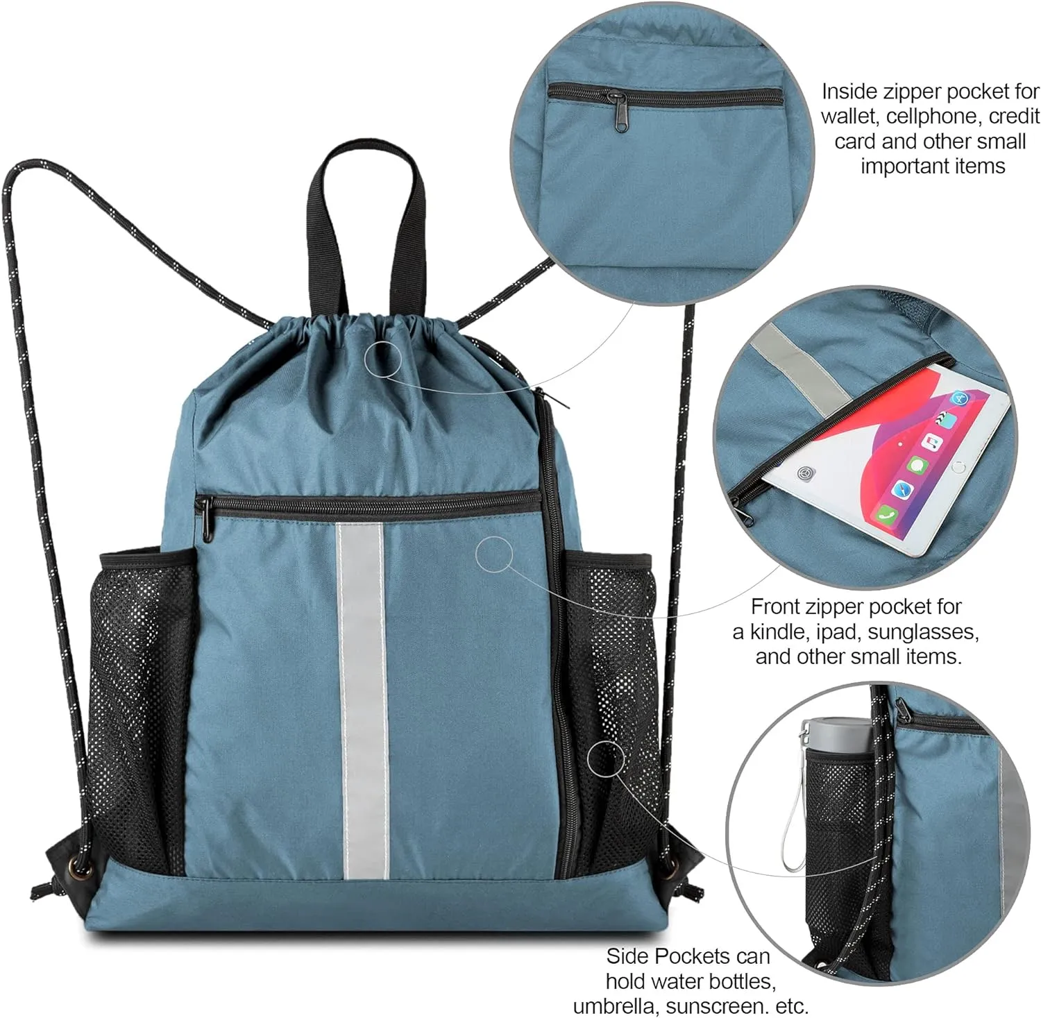 BeeGreen Drawstring Backpack Sports Gym Bag With Shoe Compartment and Two Water Bottle Holder 