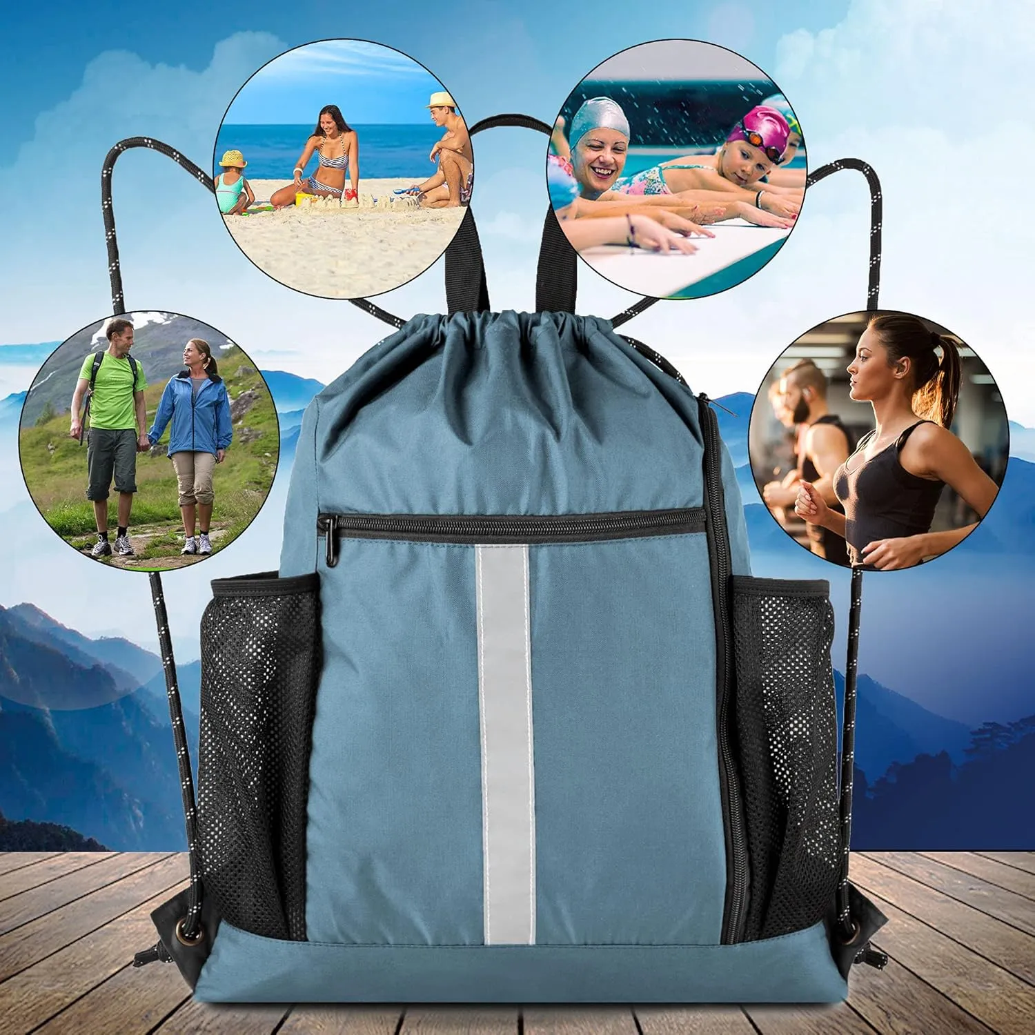BeeGreen Drawstring Backpack Sports Gym Bag With Shoe Compartment and Two Water Bottle Holder 