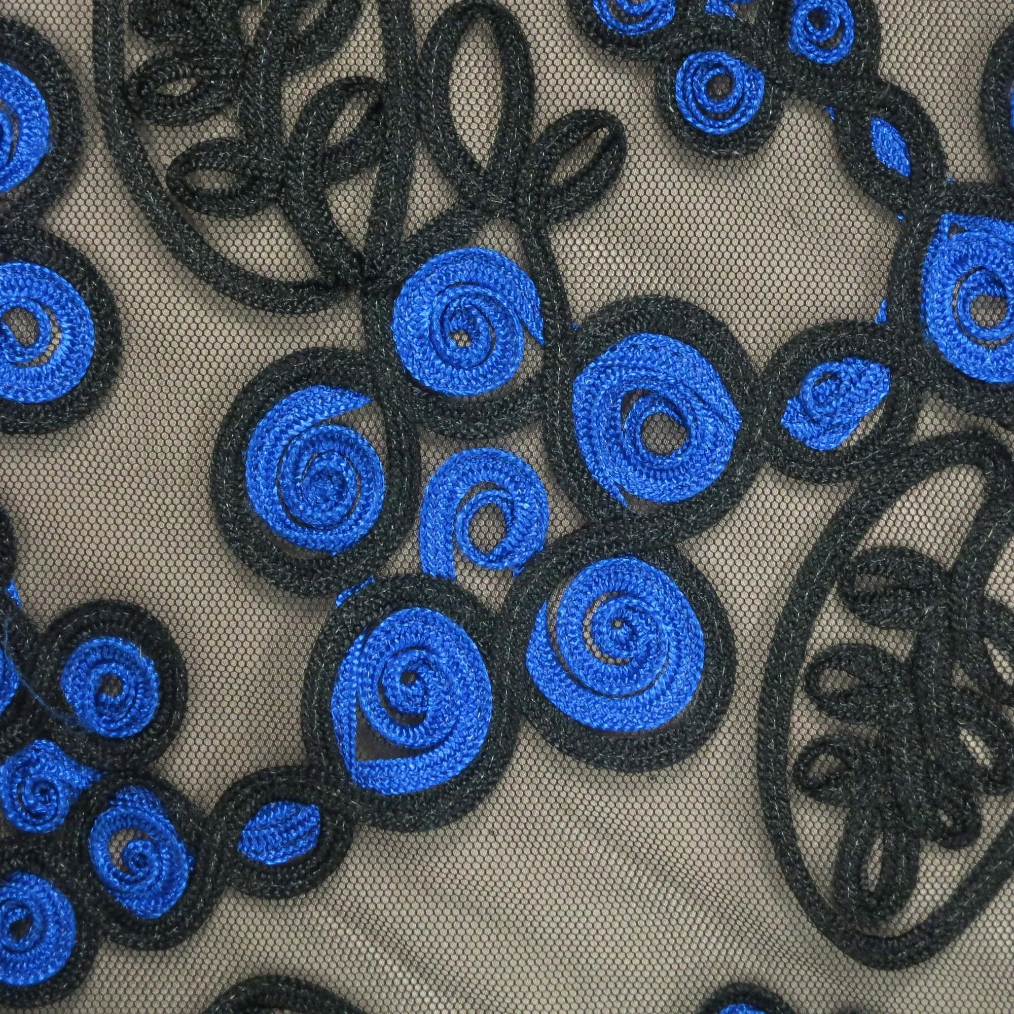 Black and Blue Floral Embroidered Tulle Fabric