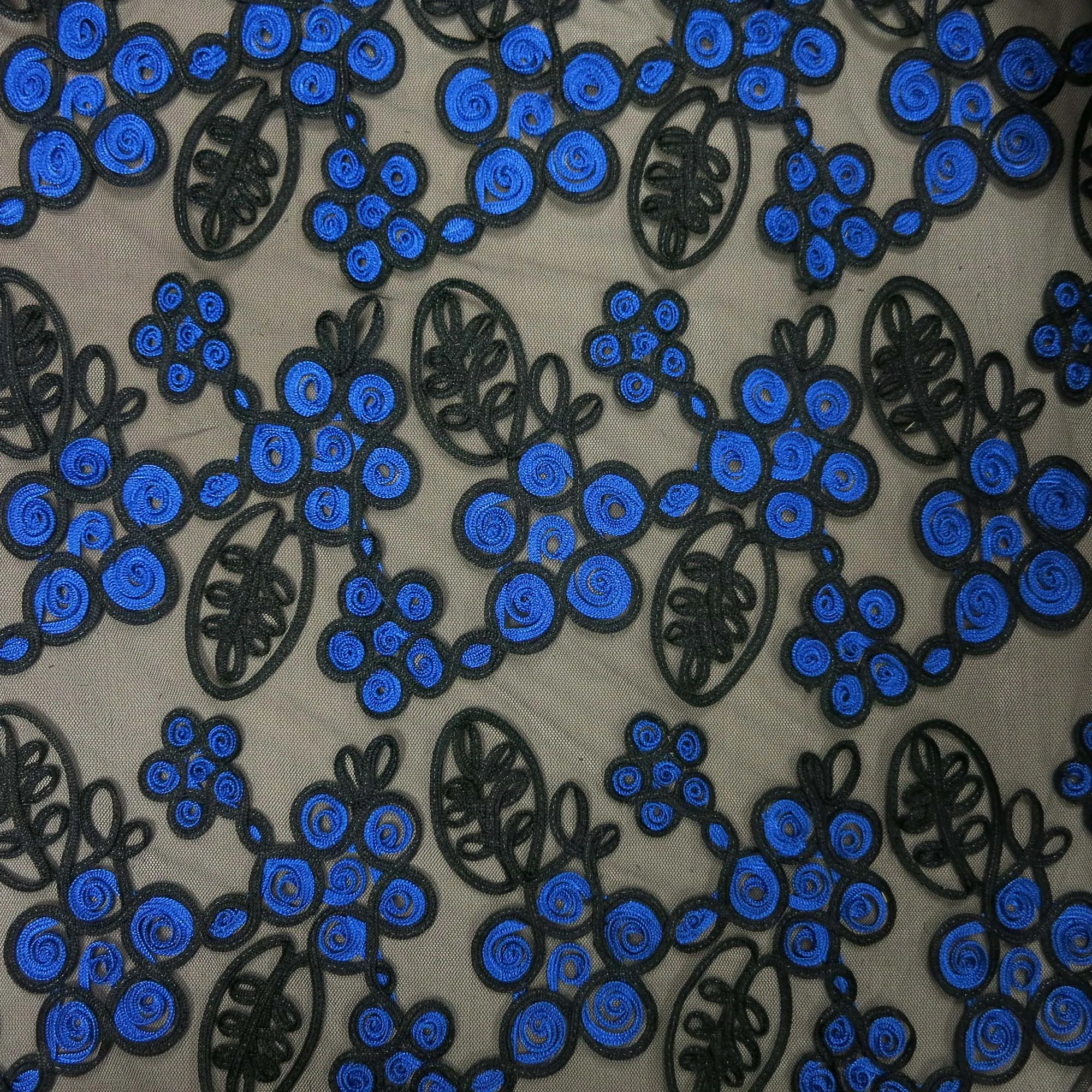 Black and Blue Floral Embroidered Tulle Fabric