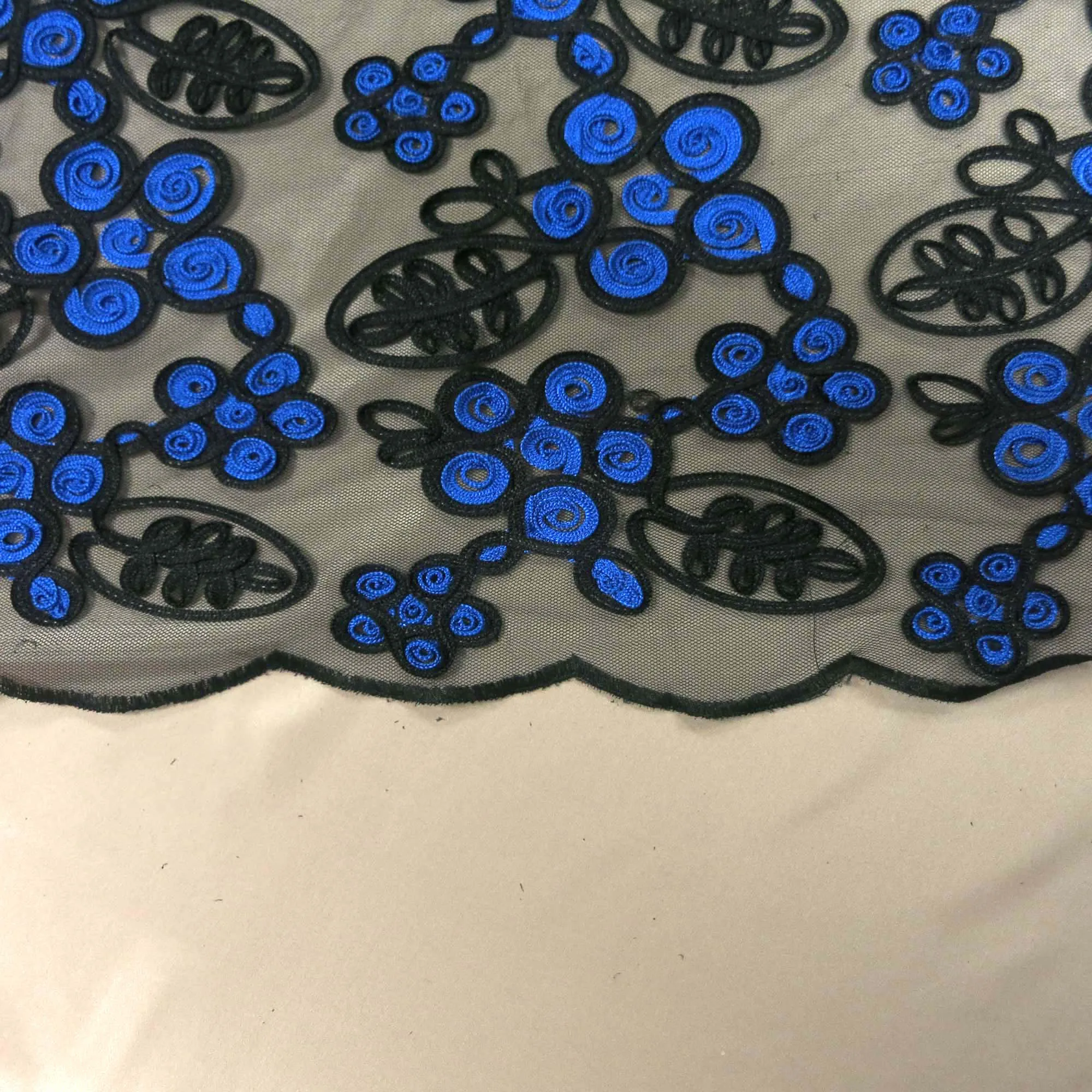 Black and Blue Floral Embroidered Tulle Fabric