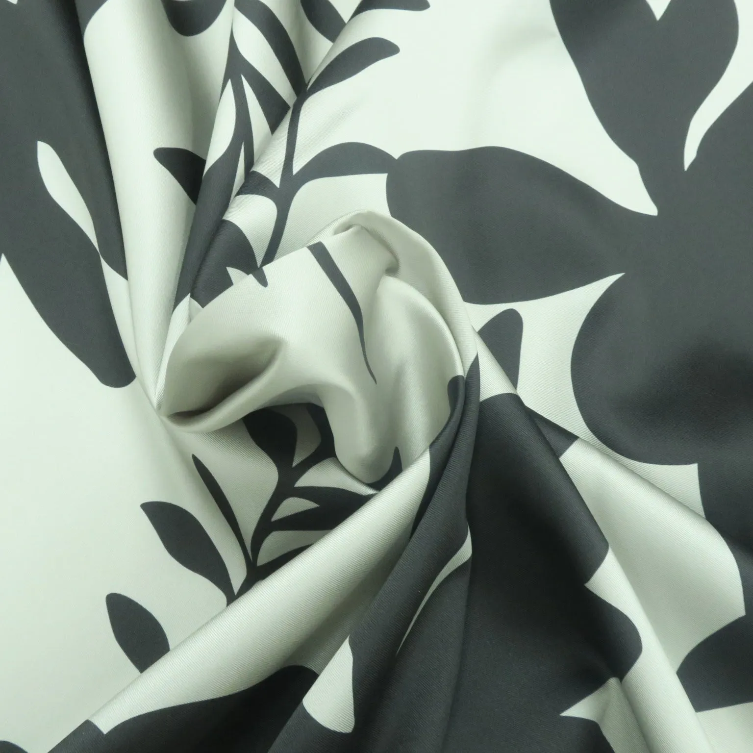 Black Florals on a Light Gray Background Printed Polyester Mikado Fabric