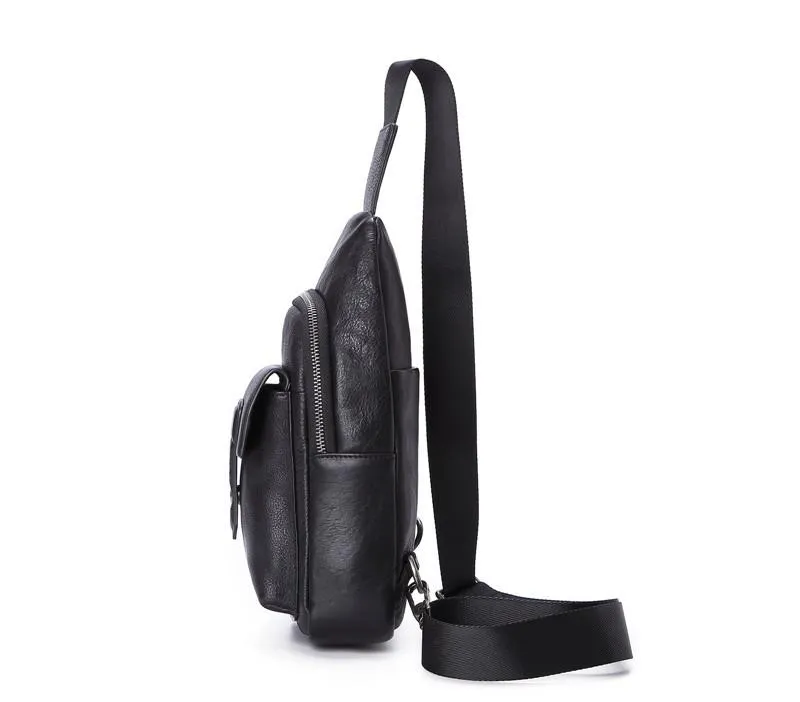 Black Mens Leather Sling Bag Chest Bag One shoulder Black Backpack Sports Bag For Men