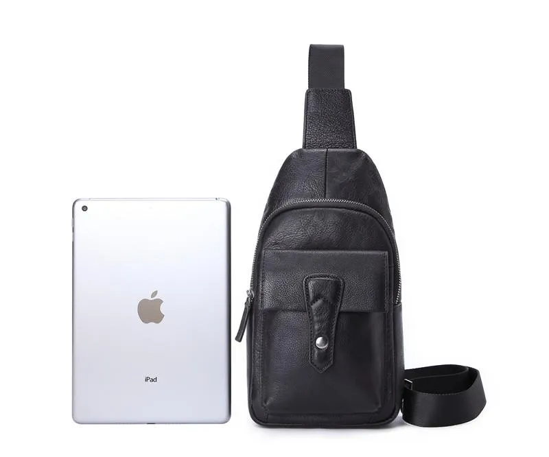 Black Mens Leather Sling Bag Chest Bag One shoulder Black Backpack Sports Bag For Men