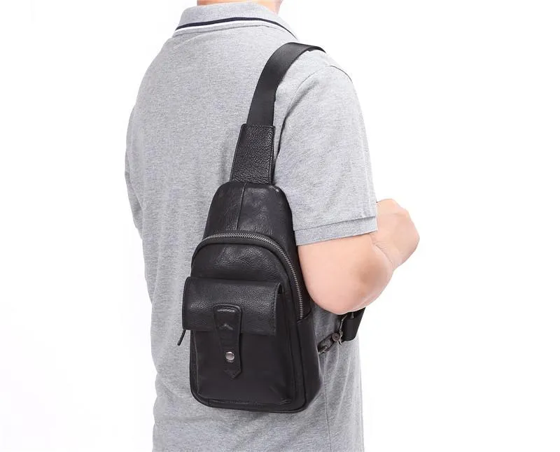 Black Mens Leather Sling Bag Chest Bag One shoulder Black Backpack Sports Bag For Men